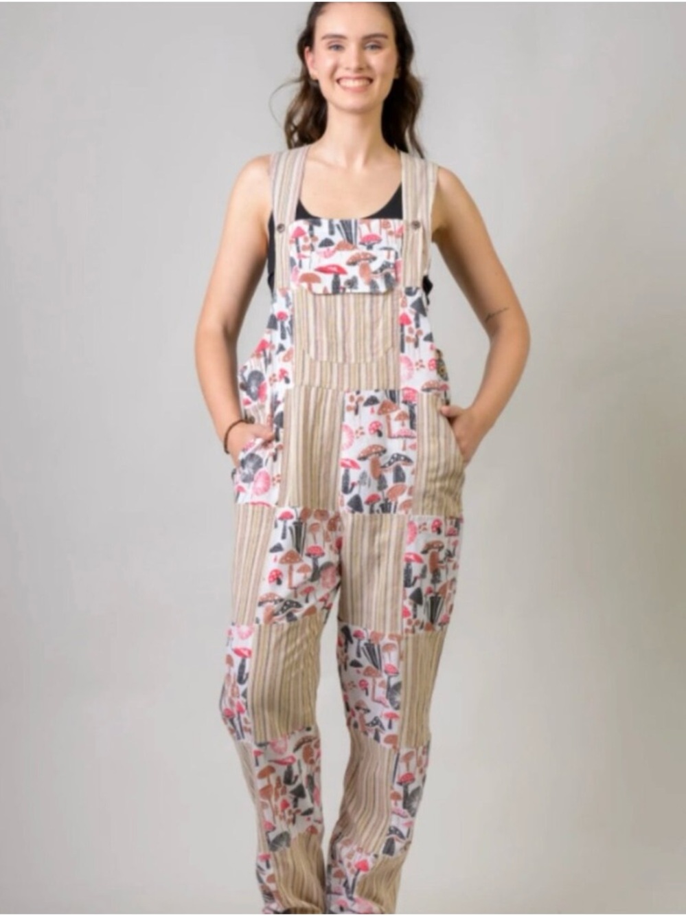Patchwork Mushroom Print Overalls in Beige and Pink